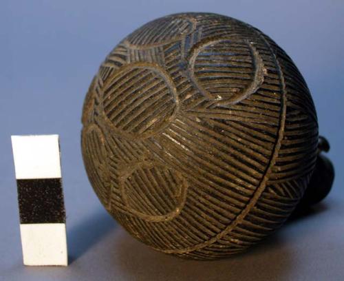 Handle or ornament, wood sphere w/ incised linear deco, stem perf. w/screw