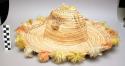 Woman's straw hat - natural color; colored silk thread "pompoms"