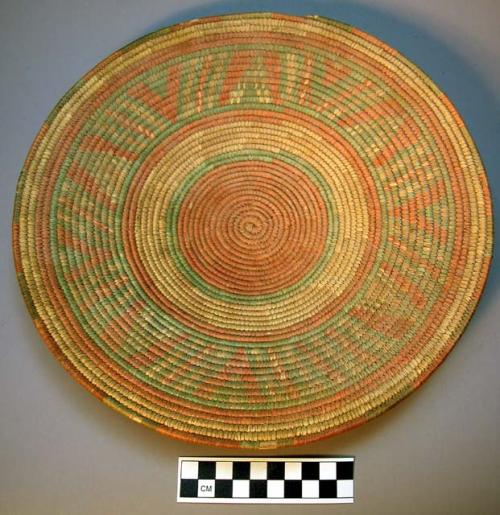 Baskets, coiled veg fiber tray, upturned rim, 3 w/purp/grn/nat geo, hide stitche