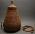 Basketry jar, woven veg. fiber, w/ conical lid, w/ braided multistrand looped co