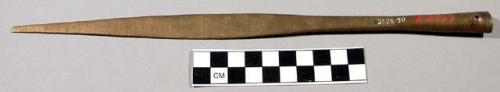 Brass projectile point, long ovate blade, blunt tip, rolled stem, perforated