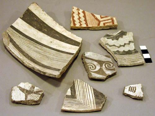 Ceramic rim and body sherds, black on white, red on white, geometric designs