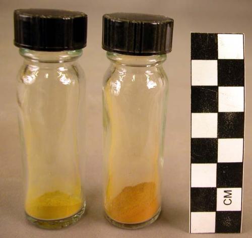 Stone, raw material, pulverized red, yellow pigments stored in 2 glass vials