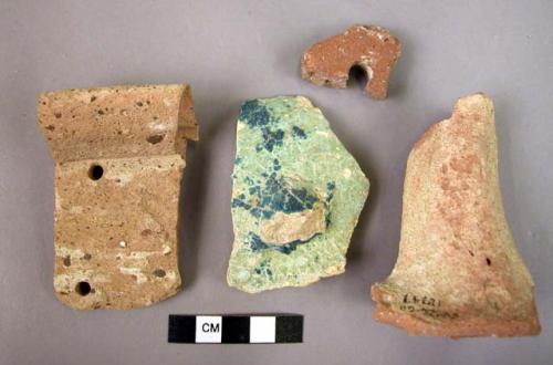 Potsherds (5) -- 1 with greenish glaze.