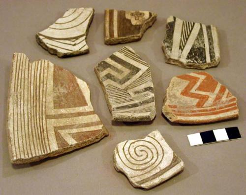 Ceramic rim and body sherds, various, geometric designs