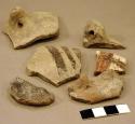 Ceramic sherds, various, knobbed, perforated lugs, 1 spindle whorl