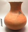 Pottery water pot, jar shaped, reddish brown, incised decoration around neck (mb