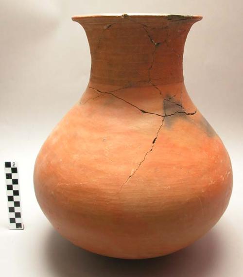 Pottery water pot, jar shaped, reddish brown, incised decoration around neck (mb