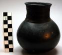Jar, ceramic, round base/body, recurved neck, incised band deco, blackware