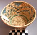 Small basket, coiled weave, pattern in blue and green, mbombo