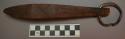Carved wood ornament, torpedo-shaped, incised linear deco, perf., w/ metal ring