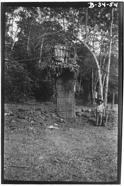 Preparations to straighten Stela A. Looking East.