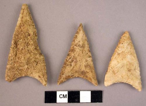 3 large, finely chipped flint arrowheads, with concave base