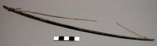 Small wooden bow and 36 arrows in skin quiver; arrows have reed shaft and wooden