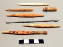 Arrows, wood and metal points, shaft portions, sinew wrappings
