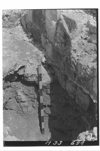 Foundation of building wall north of cave at Platform 3 of Monjas.