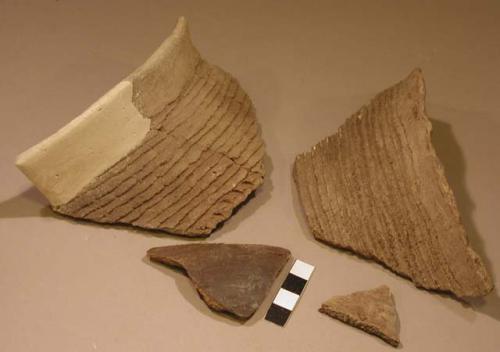 Ceramic rim and body sherds, incised, earthenware, mended, reconstructed