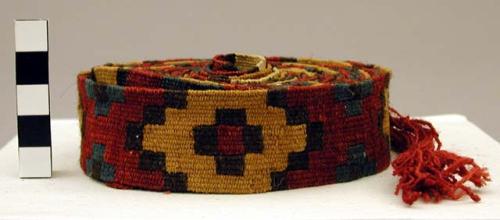 Organic, woven head band, wool double cloth,  yellow, blue, red, and black