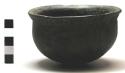 Pottery eating pot, charred, stipple pattern around rim, kibindi
