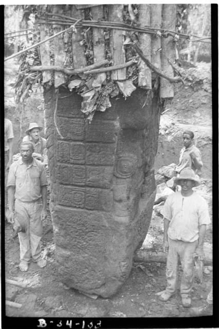 Stela I, raised and standing on its base, North side