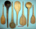Spoons, carved wood, 4 w/oval bowls, 3 w/round, 1 burnt, 1 w/cotton string tie