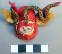 Miniature plaster mask - red grotesque face, white mouth & eyes, +