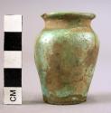 Ceramic jar, miniature, heavy turquoise glaze, ovate, flared rim, base missing