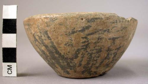 Ceramic bowl, minature, buff ware w. black painted linear design, + 1 sherd