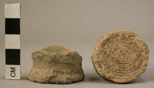 2 potsherds - red ware, worn vessel bases string marked