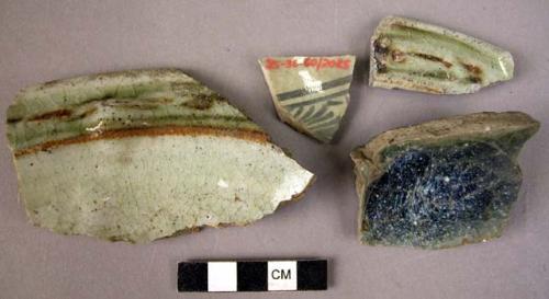 Ceramic bowl and dish sherds, blue, brown and white, glazed