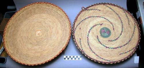 Basket, coiled veg fiber tray, orange/green/nat geo design, worn base