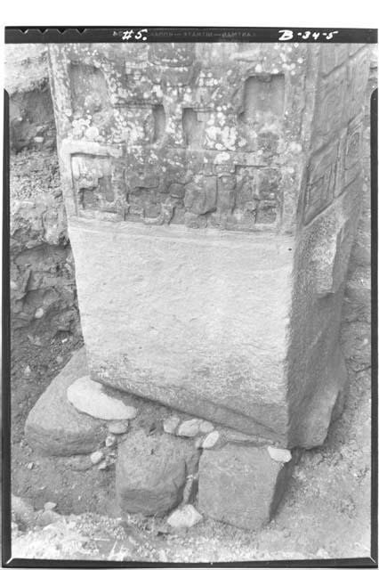 Butt of Stela A from East of North showing foundation stones and "quarry stumps"