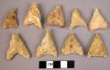 9 triangular, concave flint base arrowheads