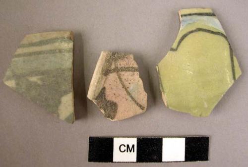 3 rim potsherds - yellow, green, and blue glaze