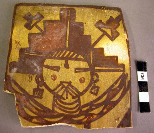 Tile, polacca polychrome style d. kachina & clown design. 11.8 x 11.0 cm.