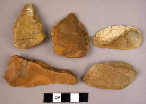 6 flint implements with chestnut brown patina, from axe-factory site