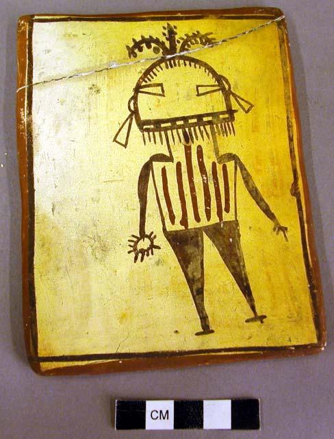 Tile, polacca polychrome style d. kachina & clown design. 13.3 x 10.4 cm.; Katsina name: Ung-a (long haired)