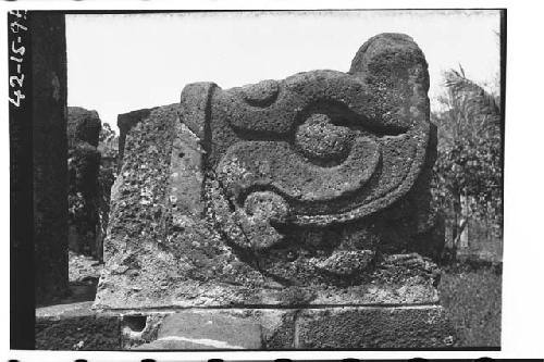 Profile of snake's head with face in jaws. Behind aboriginal stone column