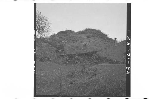 West side of Mound 1 looking east along north side of Mound 2. Hole dug in forme