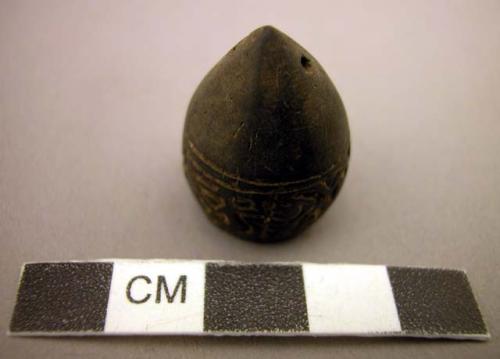 Lignite ornaments - hollow, cone-shaped, with carved bird and animal +