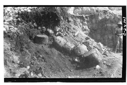 Small South Temple - fallen round column in front of temple - looking N