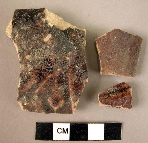 3 potsherds - manganese, frit body, alkaline glaze