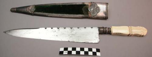Steel knife with ivory handle in green velvet and silver sheath