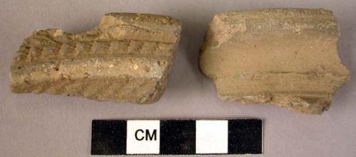 2 grey ware rim potsherds - plastically decorated