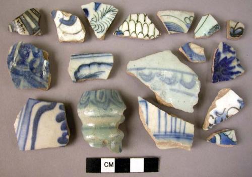 25 potsherds - blue and white glaze