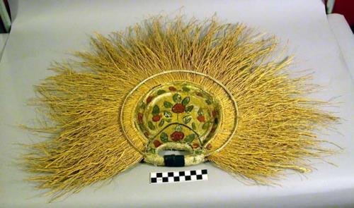 Fan - papier mache; painted with red and green leaf design on +
