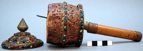 Metal hand prayer wheel - glass bead decoration with written prayer +