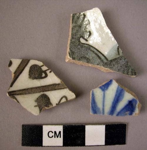 3 potsherds - blue on white glaze