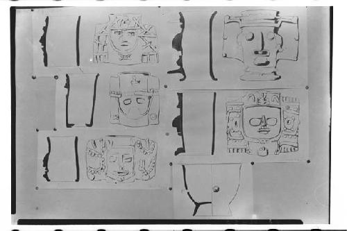 Drawings by A. Tejeda - Clay idols - (lower right) Clay incensario bowl with ped