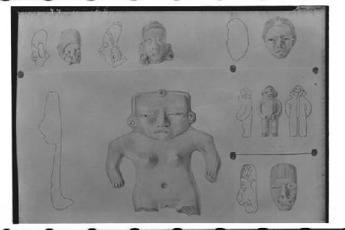 Clay Figurines.  Drawings by Antonio Tejeda. (specimens marked with a red cross